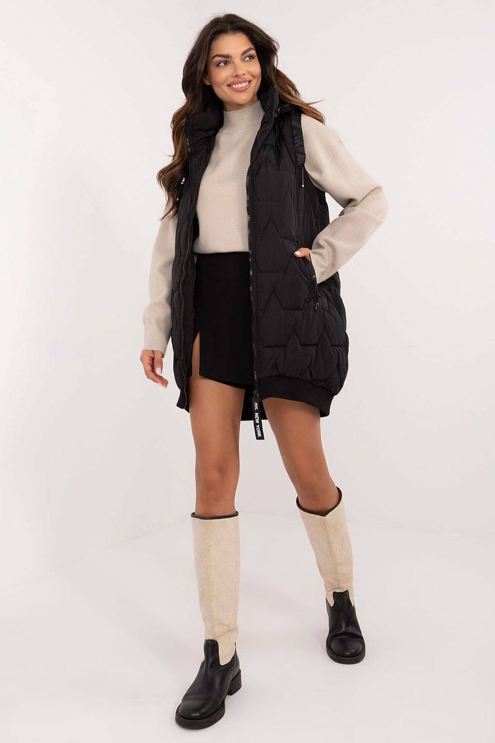 Women's Beige Longline Hooded Quilted Vest-Women's Vest-beige-s-LeStyleParfait