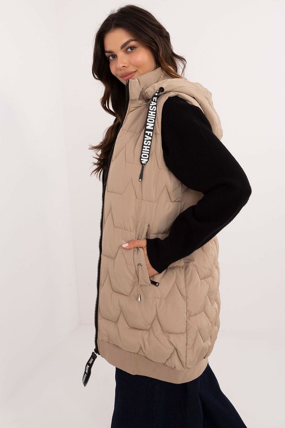 Women's Beige Longline Hooded Quilted Vest-Women's Vest-beige-s-LeStyleParfait