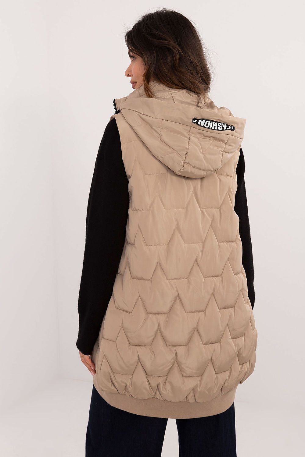 Women's Beige Longline Hooded Quilted Vest-Women's Vest-beige-s-LeStyleParfait