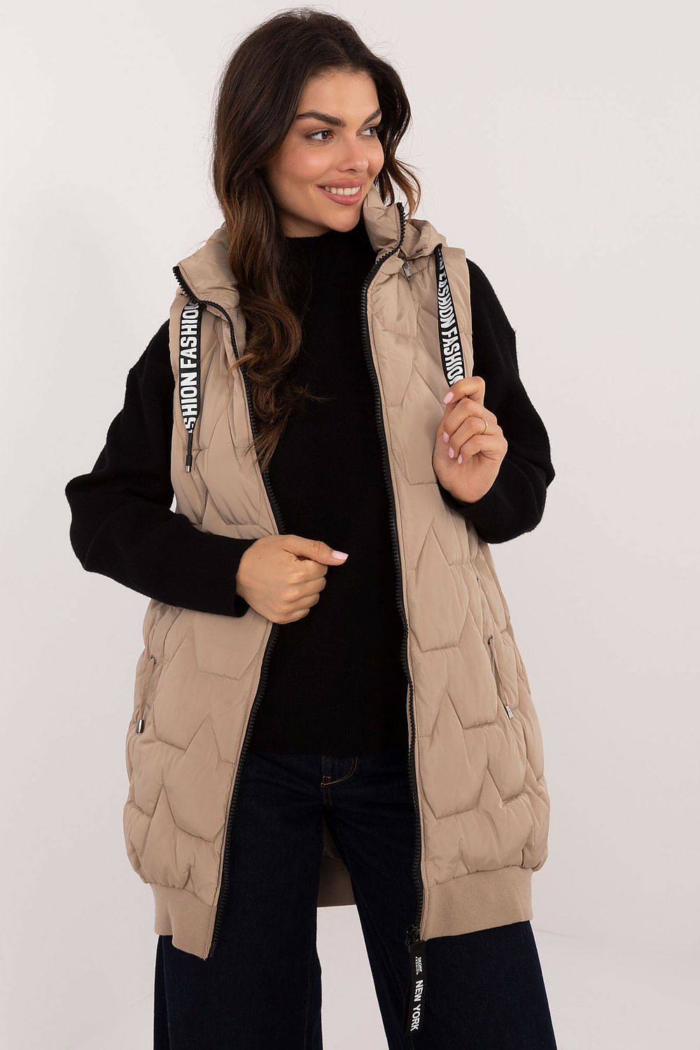Women's Beige Longline Hooded Quilted Vest-Women's Vest-beige-s-LeStyleParfait