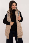 Women's Beige Longline Hooded Quilted Vest-Women's Vest-beige-s-LeStyleParfait