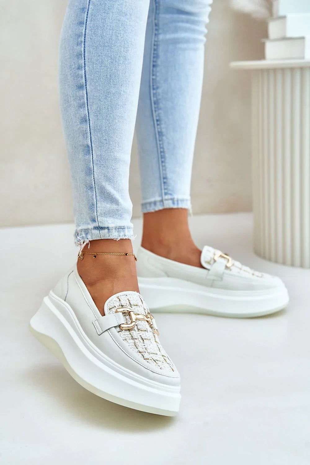 Women’s beige natural leather platform horsebit moccasin loafers, elegant women’s platform loafers for spring–autumn