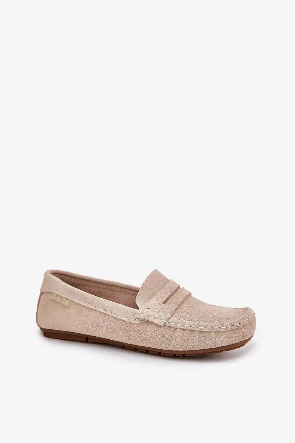 Women’s beige suede penny moccasin loafers, classic flat women’s penny loafers for spring and autumn