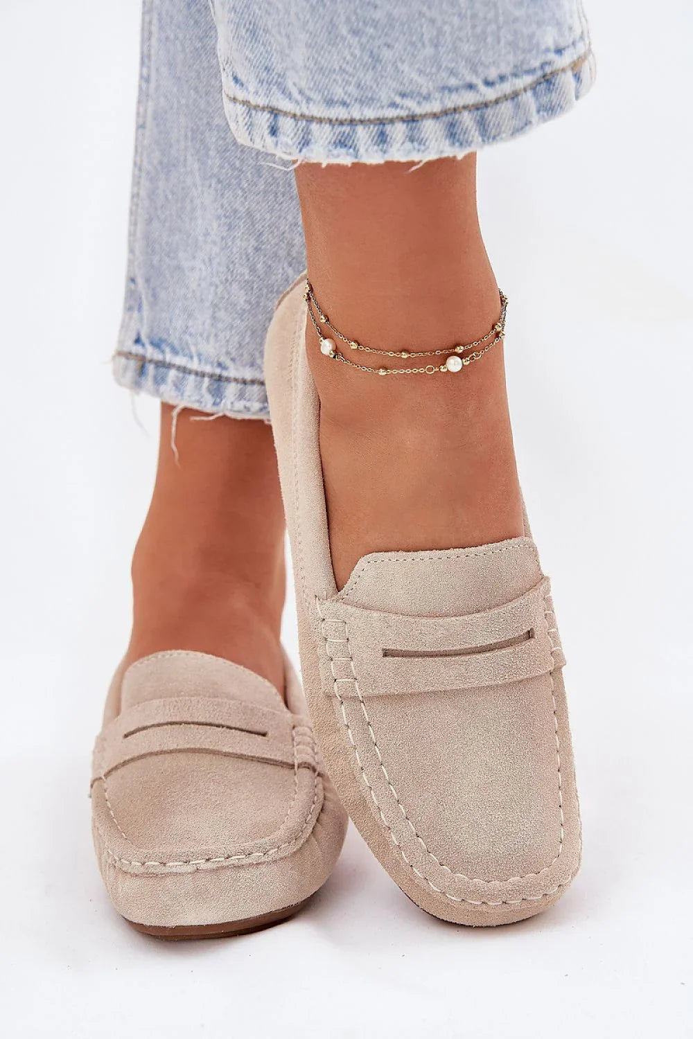 Women’s beige suede penny moccasin loafers, classic flat women’s penny loafers for spring and autumn