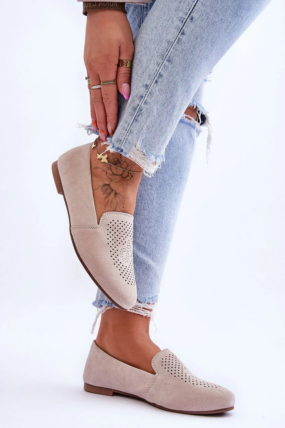 Women’s beige suede perforated moccasin loafers, flat casual women’s moccasin loafers for three‑season wear