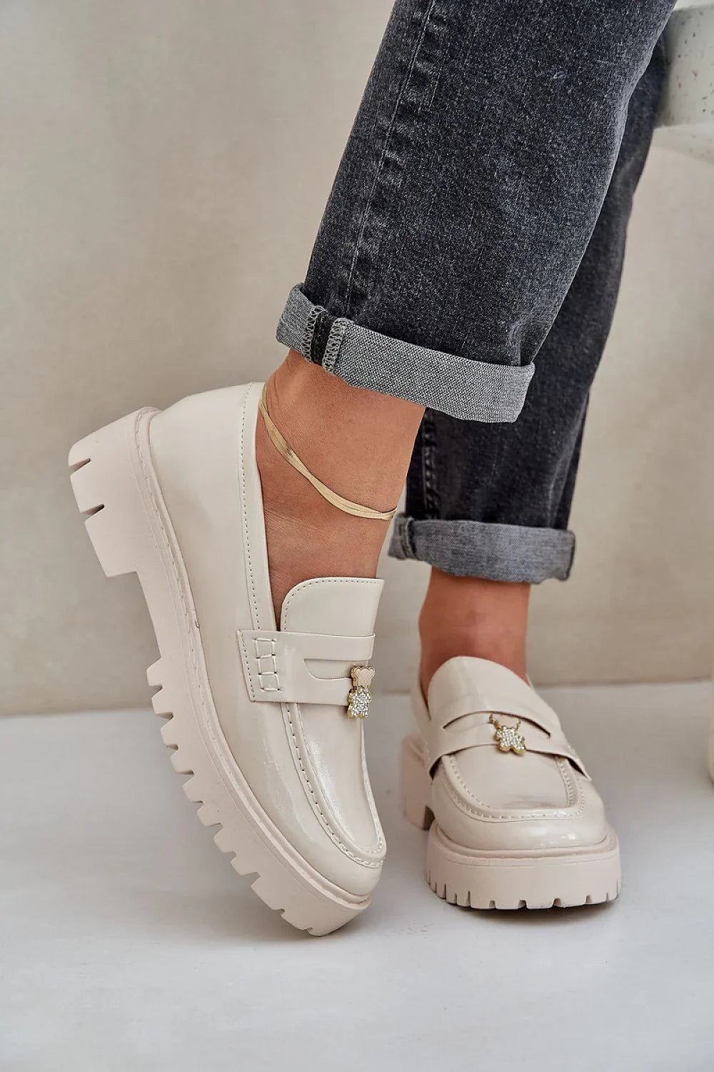 Women’s beige vegan chunky platform moccasin loafers, eco friendly women’s platform loafers for everyday wear