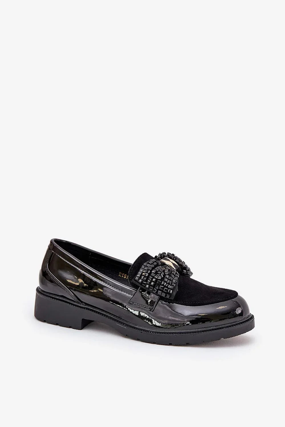 Women’s black bow detail block heel moccasin loafers, casual faux leather women’s loafers