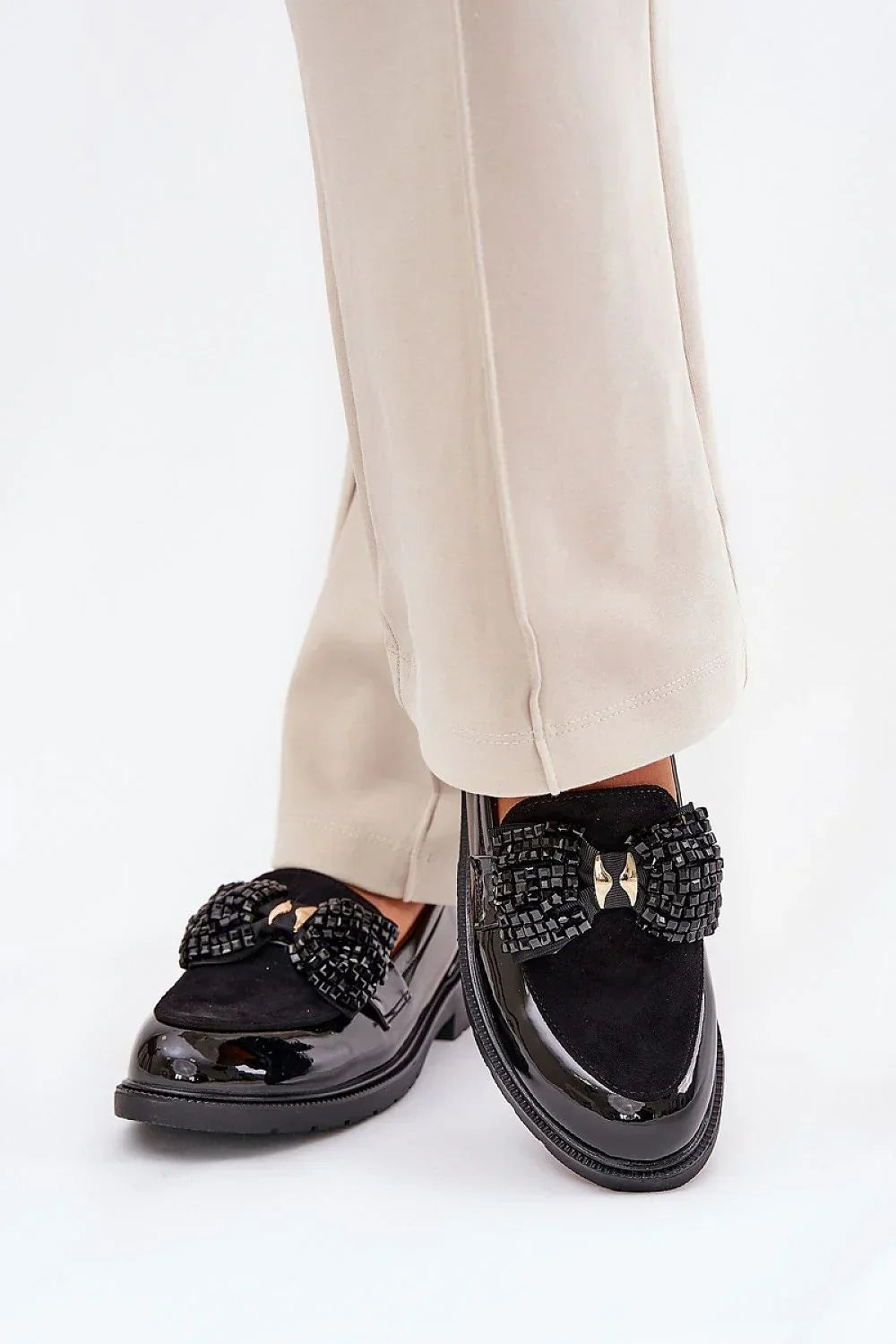 Women’s black bow detail block heel moccasin loafers, casual faux leather women’s loafers