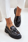 Women’s black leather block heel moccasin loafers, elegant slip on women’s loafers for casual and dress looks