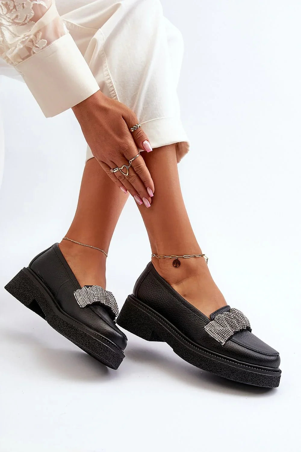 Women’s black suede rhinestone platform moccasin loafers, stylish women’s platform loafers for casual workwear