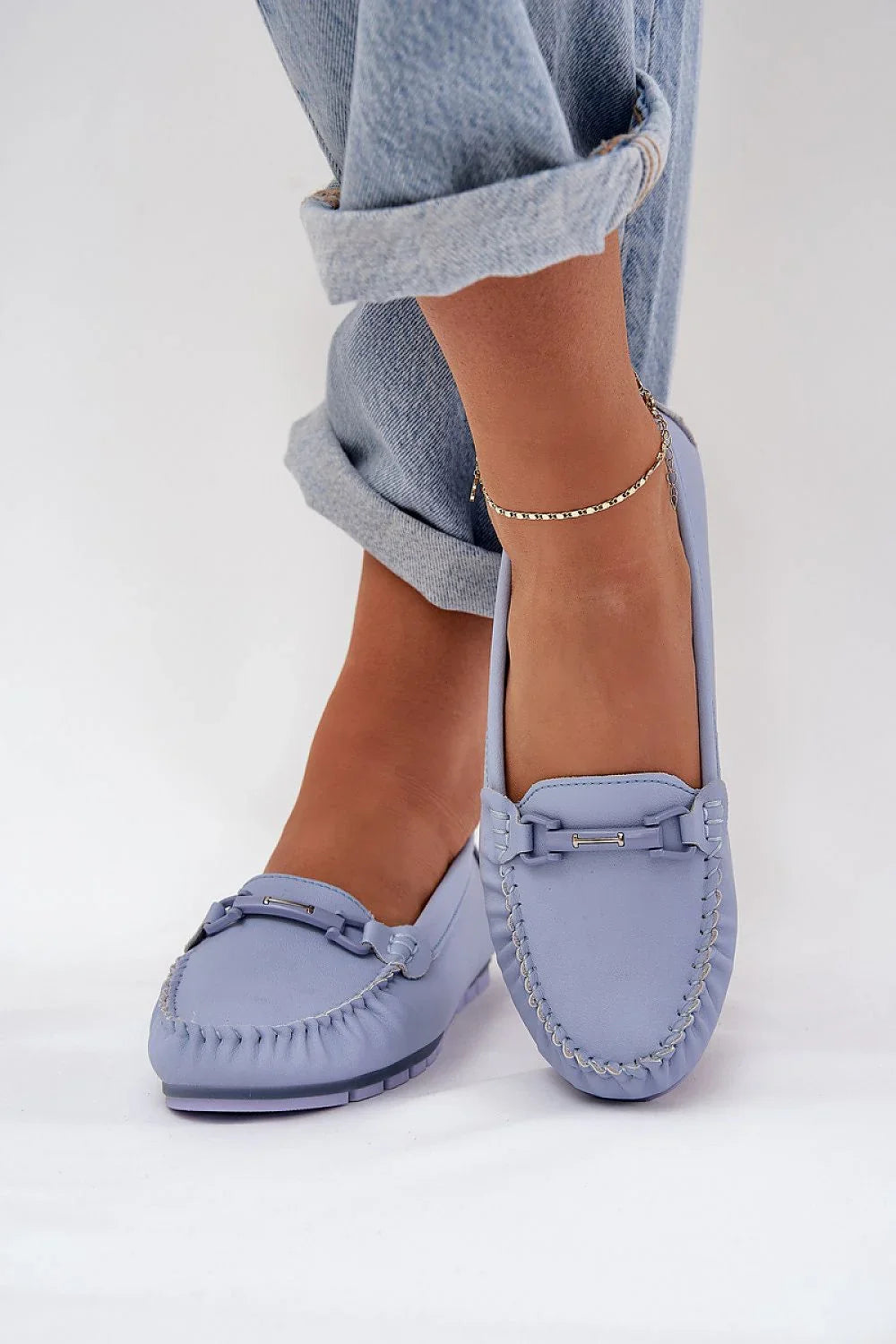 Women’s blue leather driving moccasin loafers, flat casual women’s driving shoes