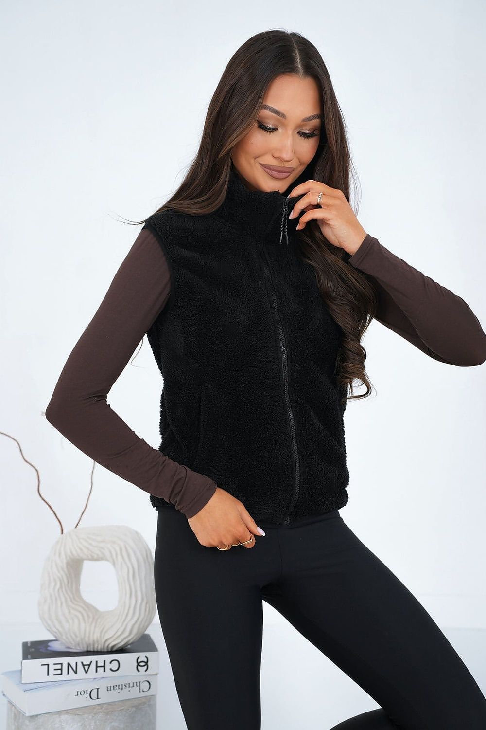 Women's Brown High Neck Faux Fur Vest-Women's Vest-beige-XS/S-LeStyleParfait