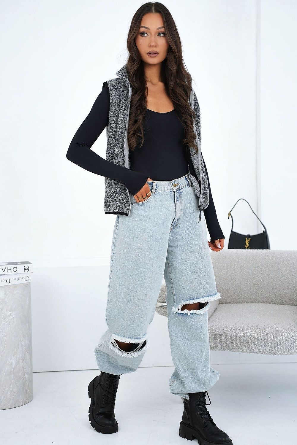 Women's Brown High Neck Faux Fur Vest-Women's Vest-beige-XS/S-LeStyleParfait