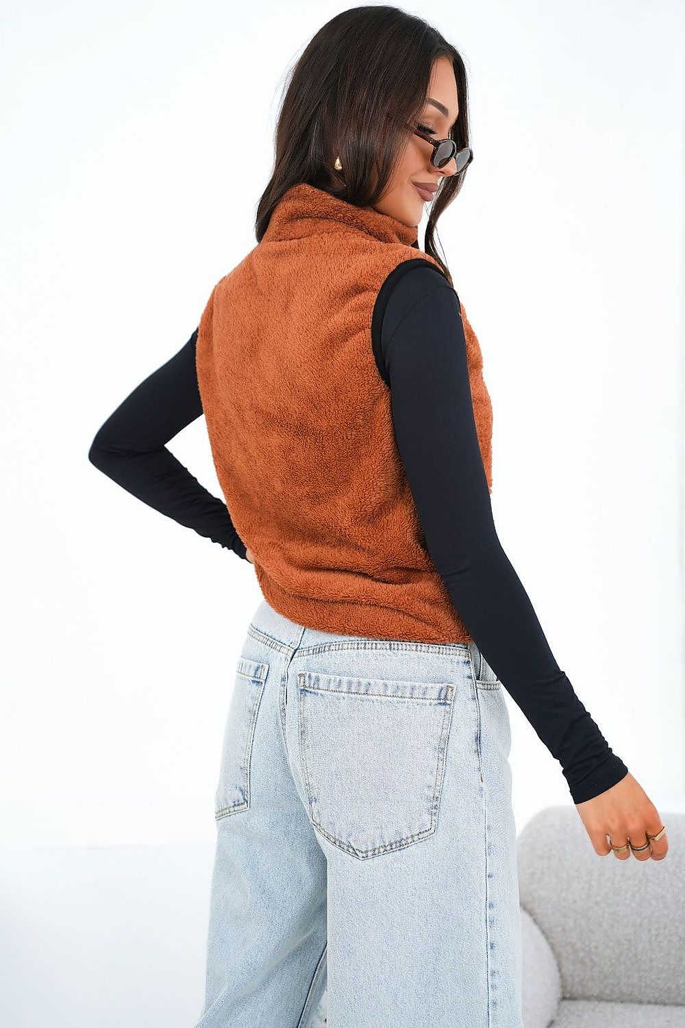 Women's Brown High Neck Faux Fur Vest-Women's Vest-beige-XS/S-LeStyleParfait