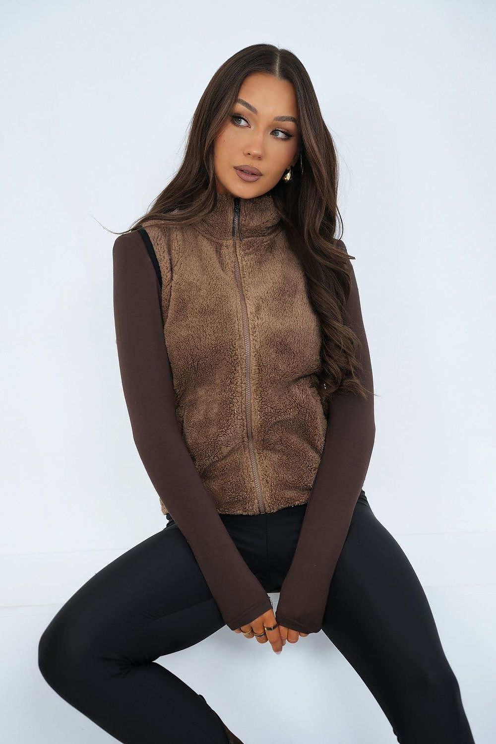 Women's Brown High Neck Faux Fur Vest-Women's Vest-beige-XS/S-LeStyleParfait