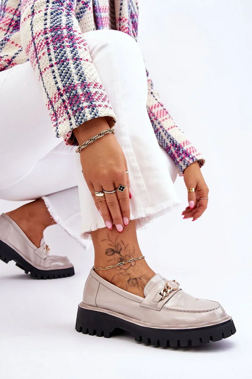 Women’s chain detail eco leather platform moccasins, chunky women’s platform loafers for spring and autumn
