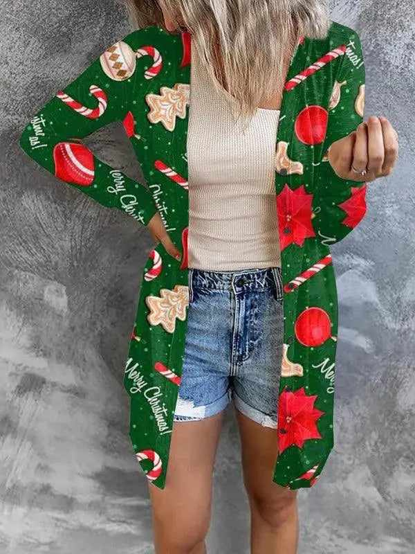 Women’s Christmas Graphic Cardigan Sweater – Festive V-Neck Longline