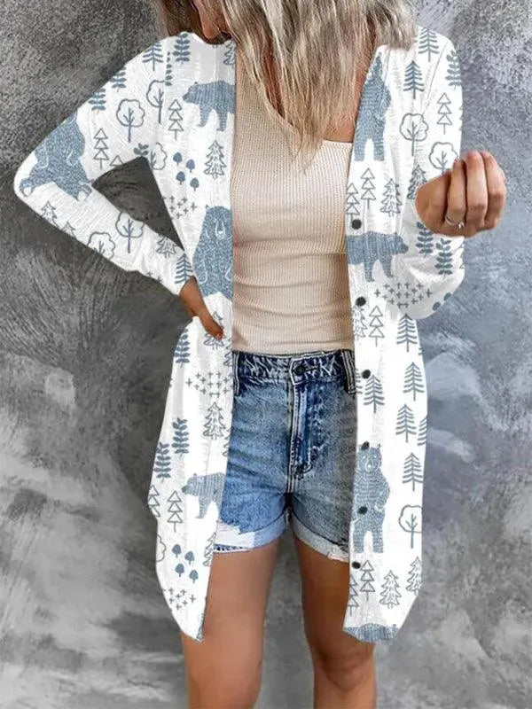 Women’s Christmas Graphic Cardigan Sweater – Festive V-Neck Longline