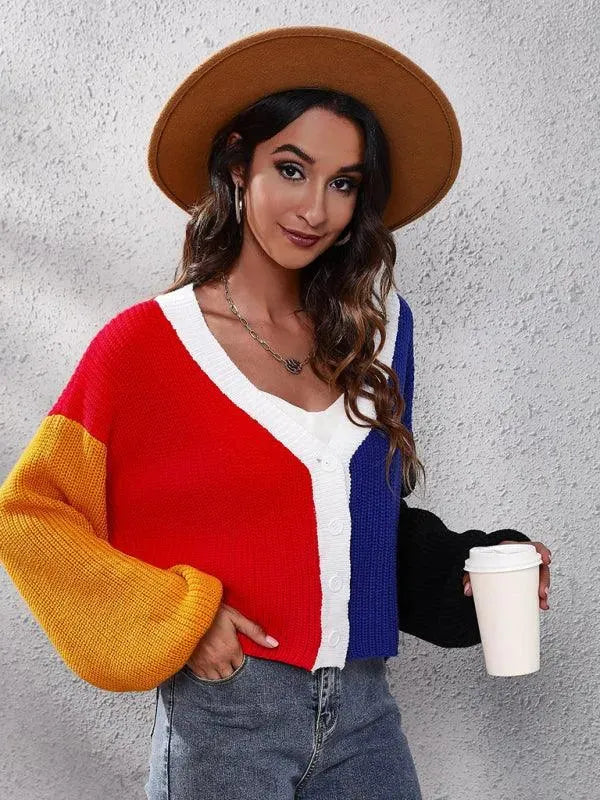 Women's Colorblock V-Neck Button Cardigan Sweater