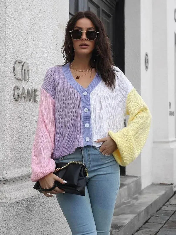 Women’s Colorblock V-Neck Cardigan Sweater – Button Knit