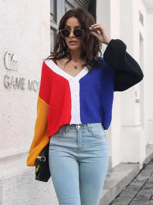 Women’s Colorblock V-Neck Cardigan Sweater – Button Knit