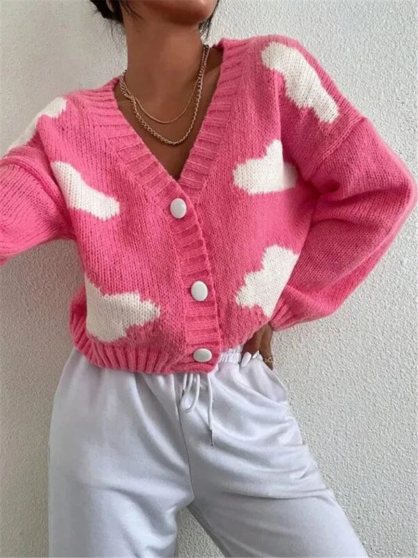 Women’s Cropped Graphic Cardigan Sweater – V-Neck Knit