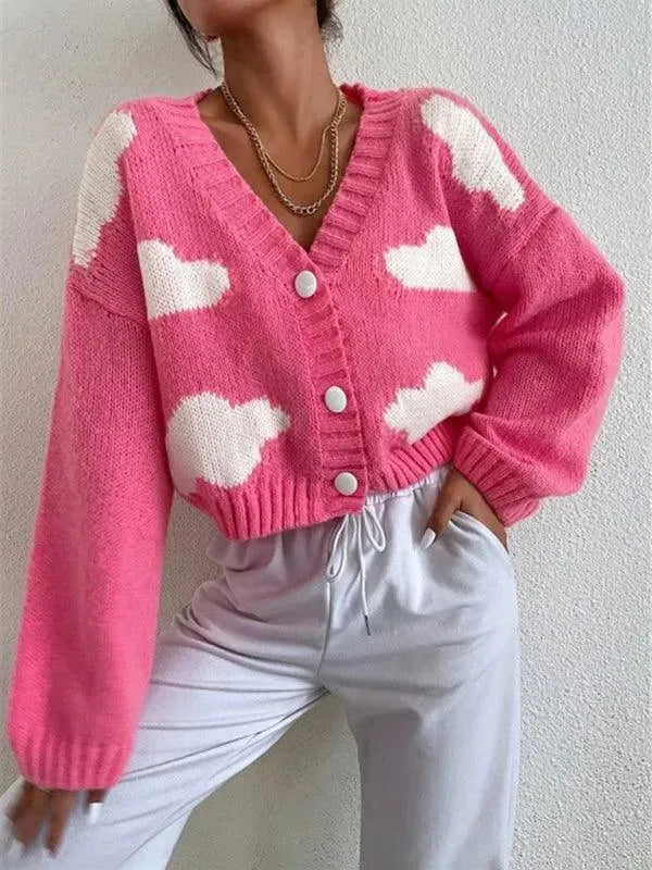 Women’s Cropped Graphic Cardigan Sweater – V-Neck Knit