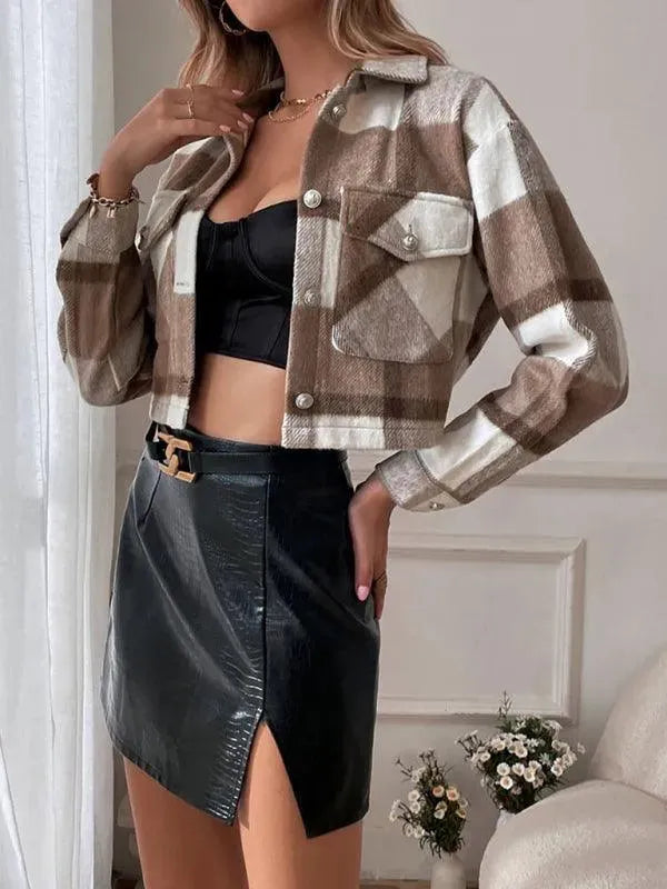 Women's Cropped Wool Lapel Shirt-Women's Shirts-LeStyleParfait