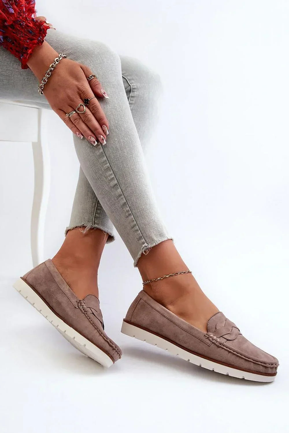 Women’s eco friendly beige moc toe moccasin loafers, flat women’s moc toe loafers for all season casual wear