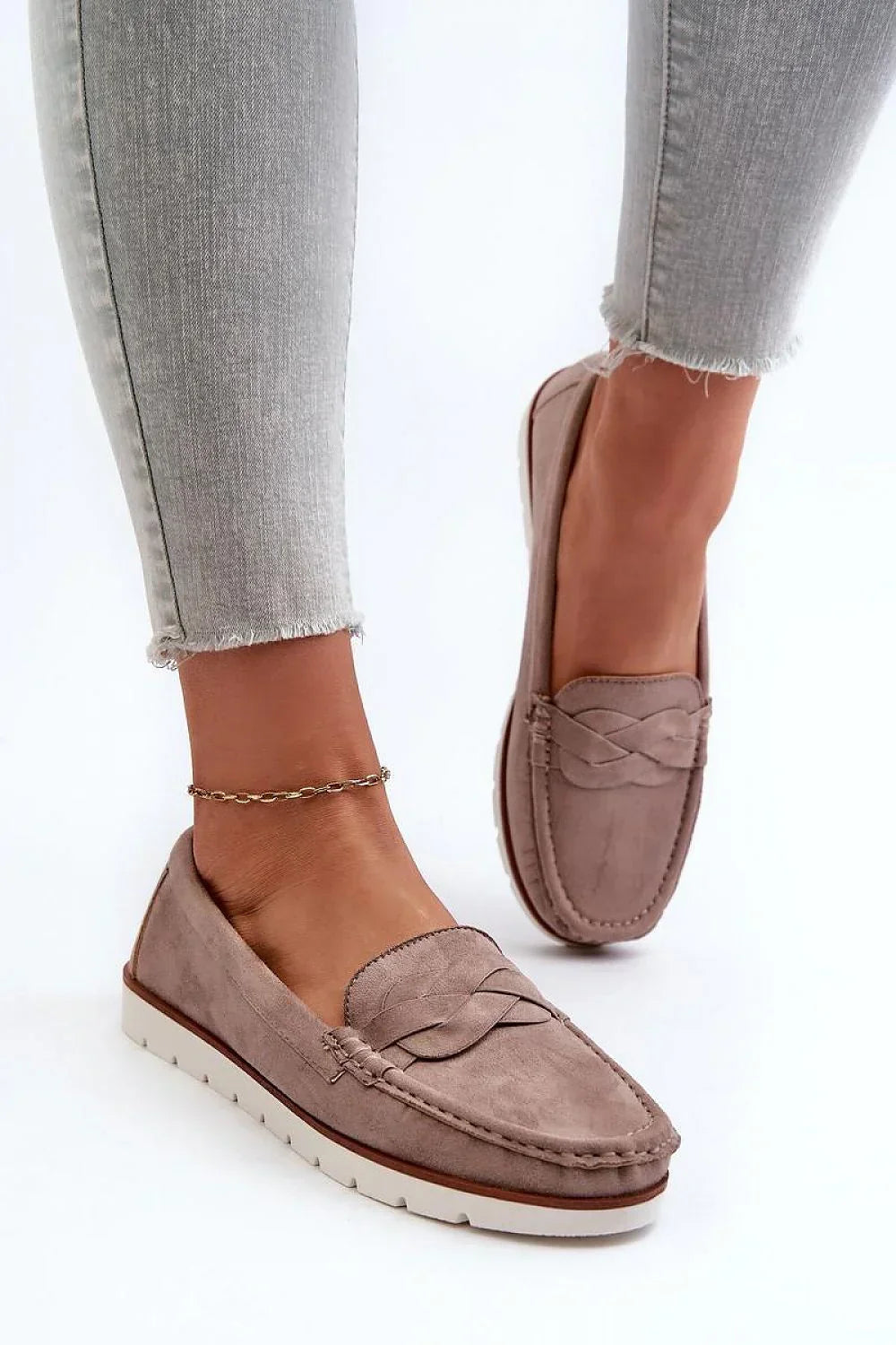 Women’s eco friendly beige moc toe moccasin loafers, flat women’s moc toe loafers for all season casual wear