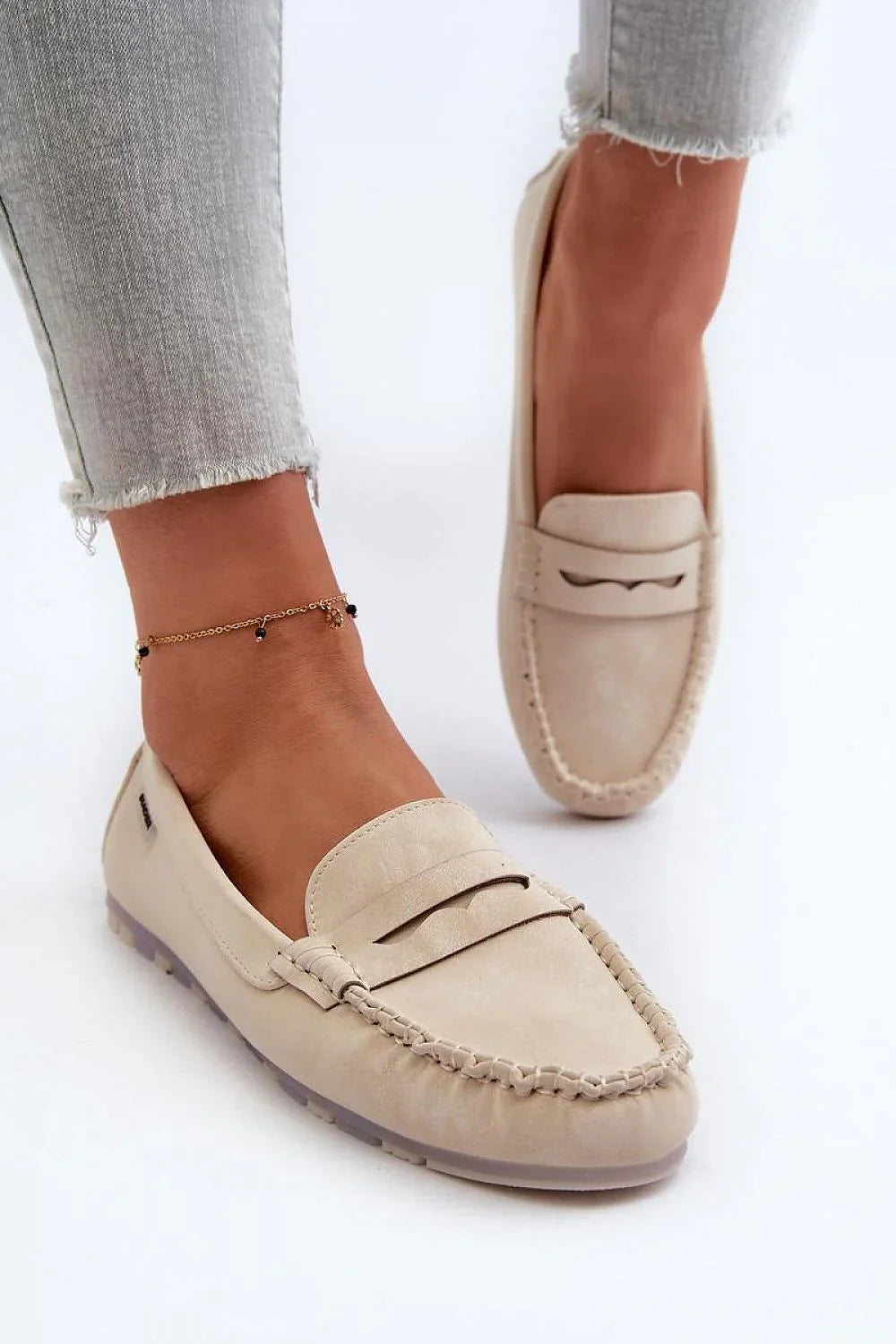Women’s eco friendly beige penny moccasin loafers, casual flat women’s penny loafers for everyday outfits