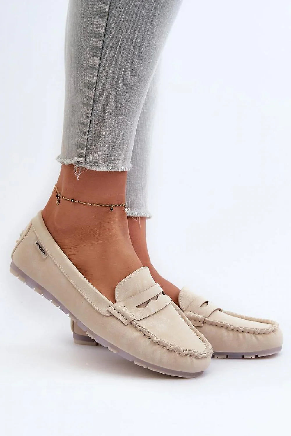 Women’s eco friendly beige penny moccasin loafers, casual flat women’s penny loafers for everyday outfits