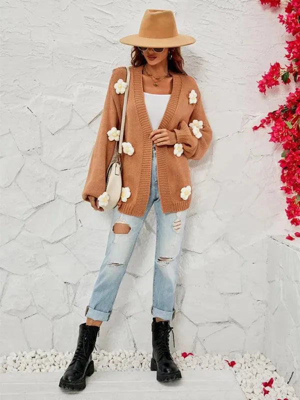 Women’s Floral Lantern Sleeve Cardigan Sweater – V-Neck Knit