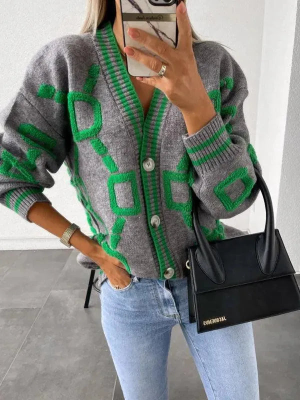 Women’s Geometric Drop-Sleeve Cardigan Sweater – V-Neck Knit