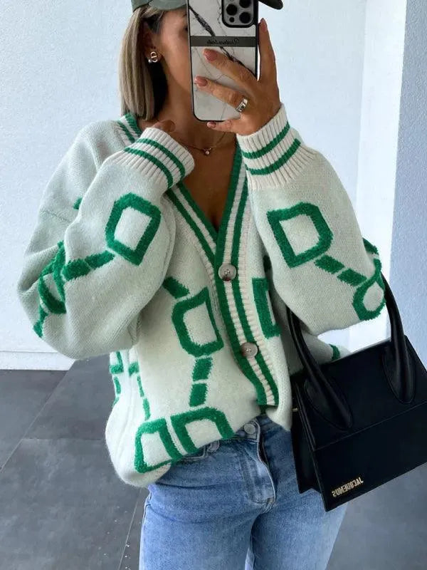 Women’s Geometric Drop-Sleeve Cardigan Sweater – V-Neck Knit
