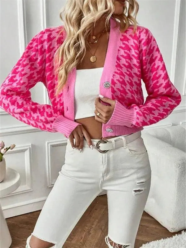 Women’s Houndstooth Cropped Cardigan Sweater – V-Neck