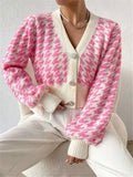 Women’s Houndstooth Cropped Cardigan Sweater – V-Neck