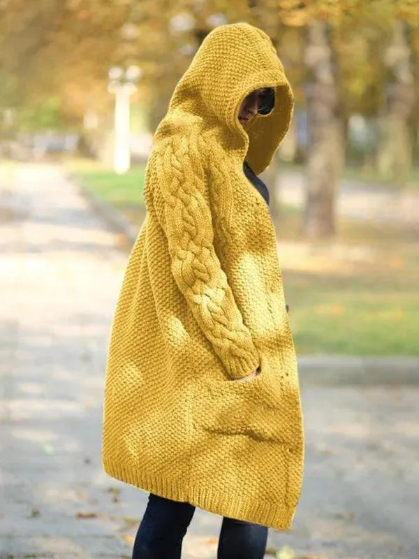 Women’s Long Hooded Cardigan Sweater – Button Front With Pockets