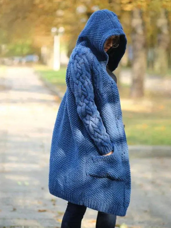 Women’s Long Hooded Cardigan Sweater – Button Front With Pockets