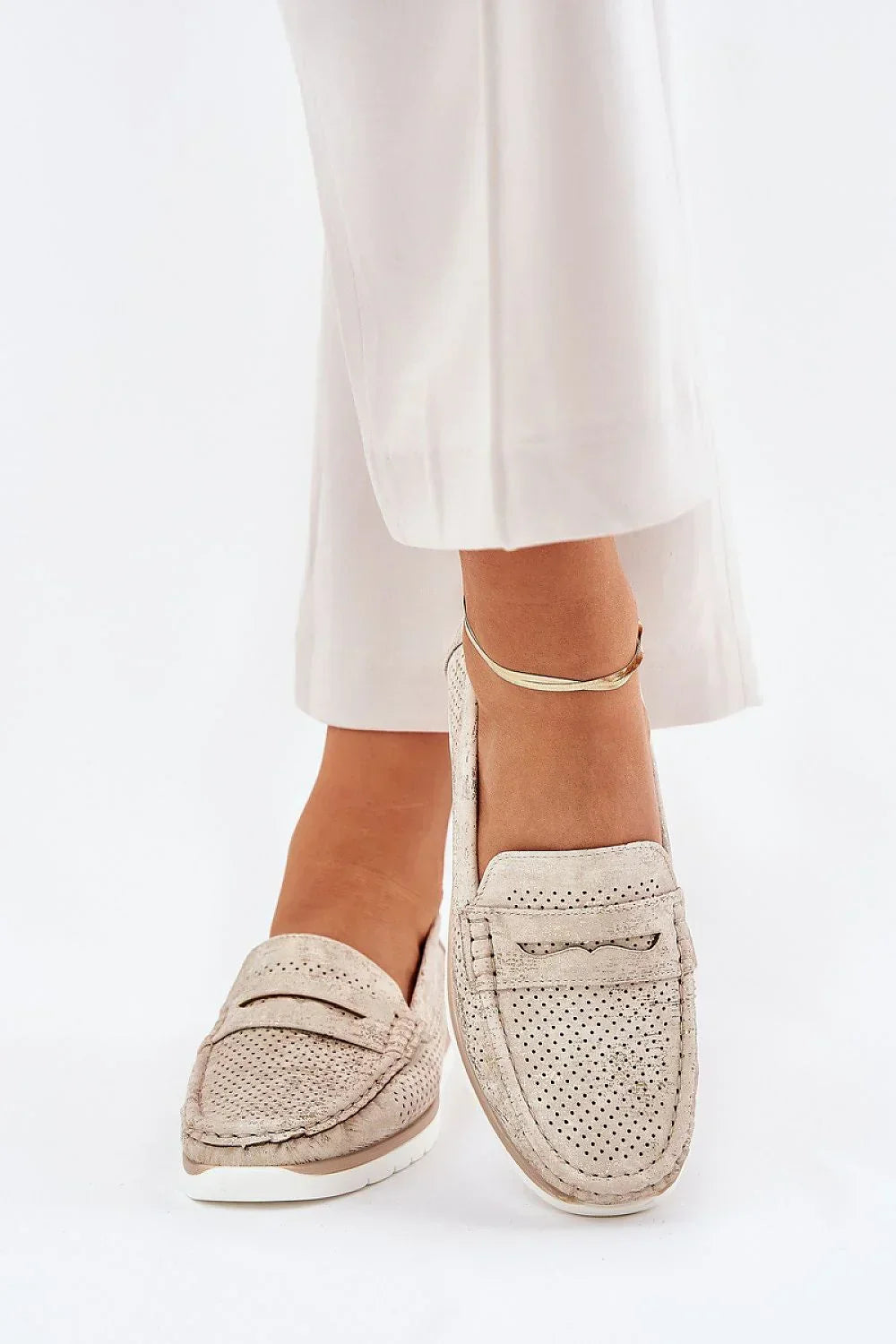 Women’s perforated eco leather driving moccasin loafers, casual women’s driving loafers for spring–summer