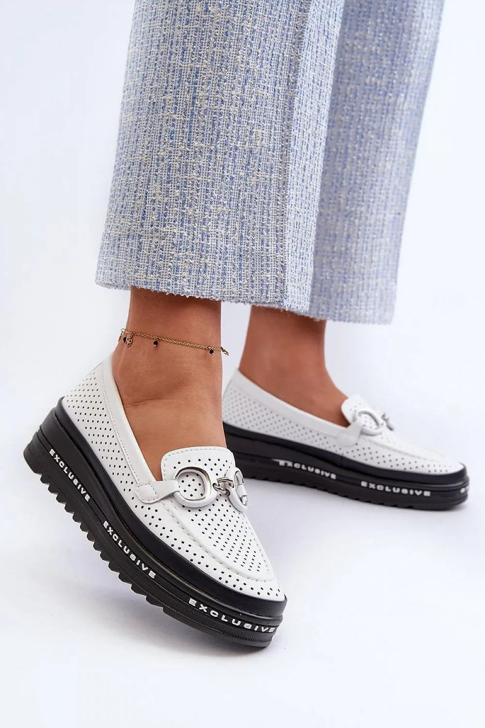 Women’s perforated leather platform moc toe loafers, chunky breathable women’s platform loafers for daily wear