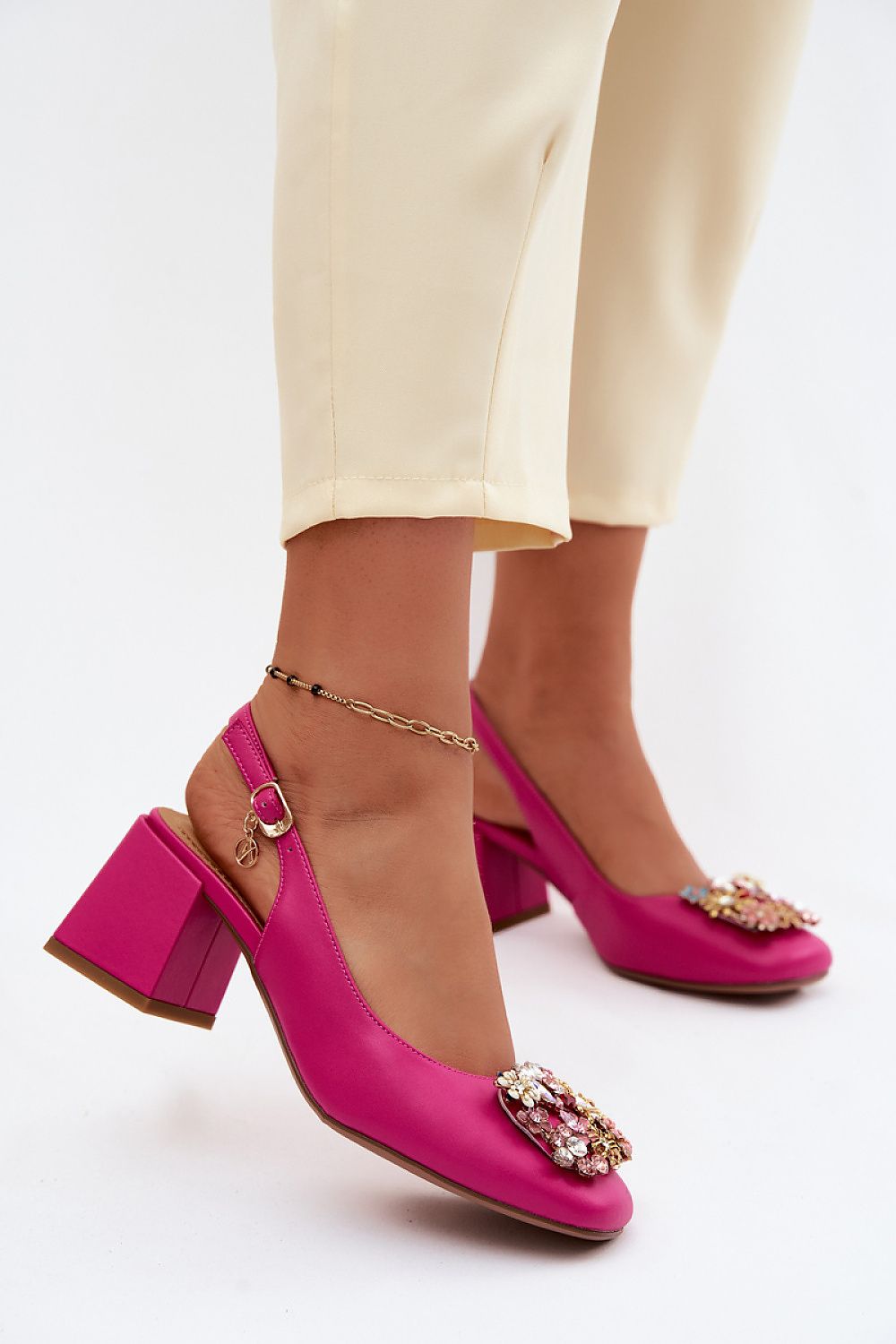 Women's Pink Floral Slingback Block Heel Pumps-Pumps Shoes-LeStyleParfait