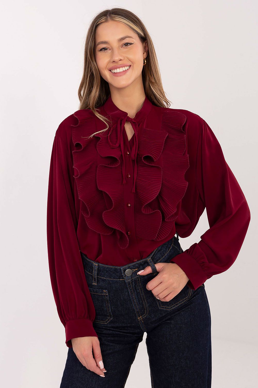 Women's Pleated Jabot Shirt — Beige-LeStyleParfait