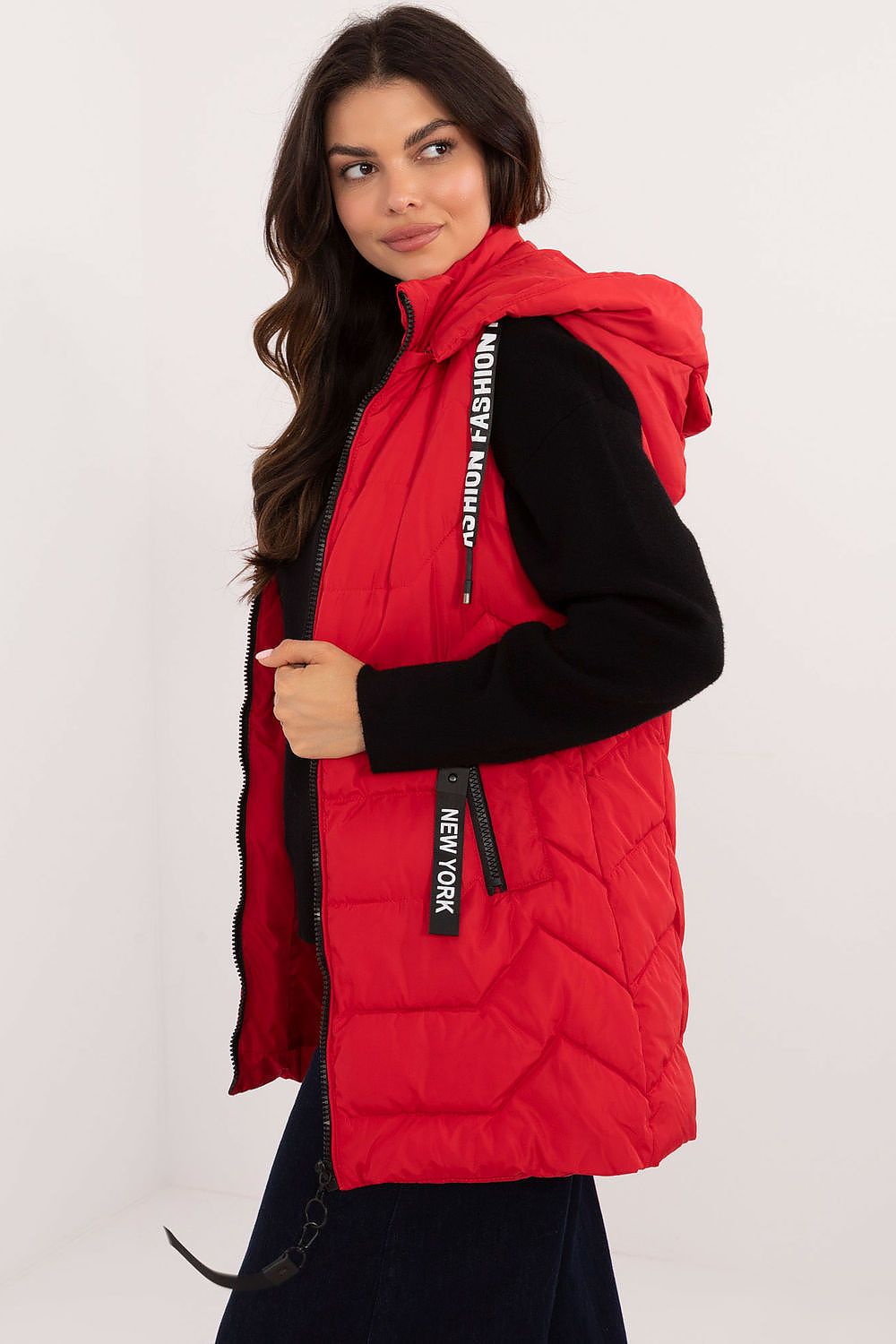 Women's Red Longline Hooded Quilted Vest-Women's Vest-red-s-LeStyleParfait