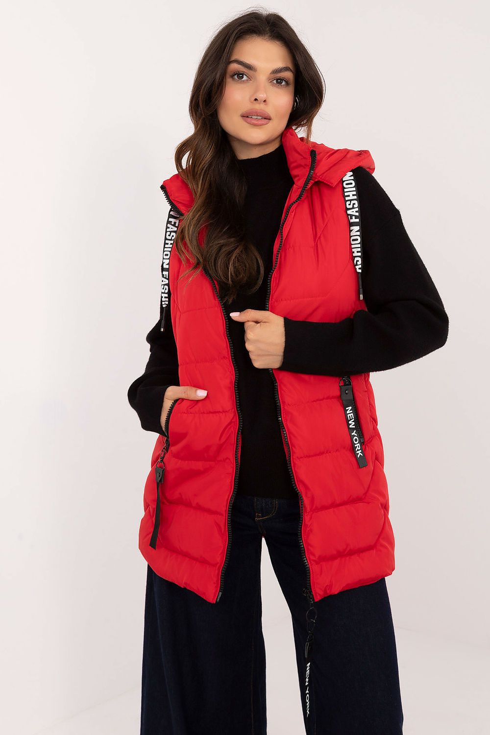 Women's Red Longline Hooded Quilted Vest-Women's Vest-red-s-LeStyleParfait