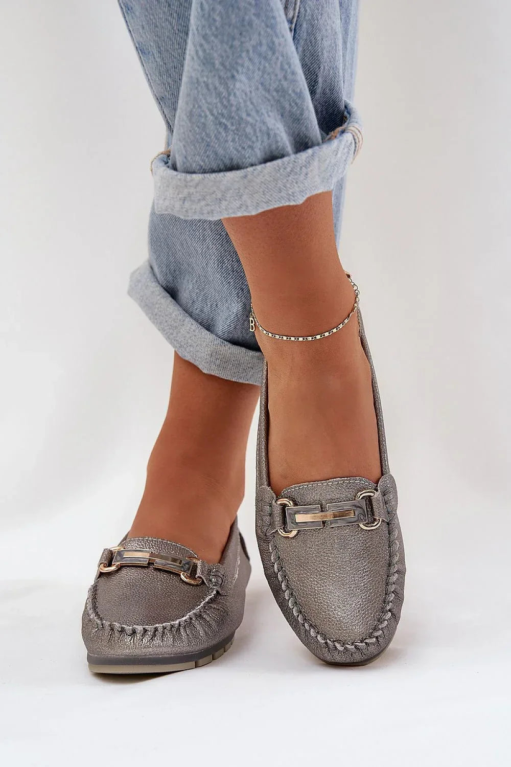Women’s sequined horsebit natural leather moccasins, versatile casual elegant women’s moccasin loafers