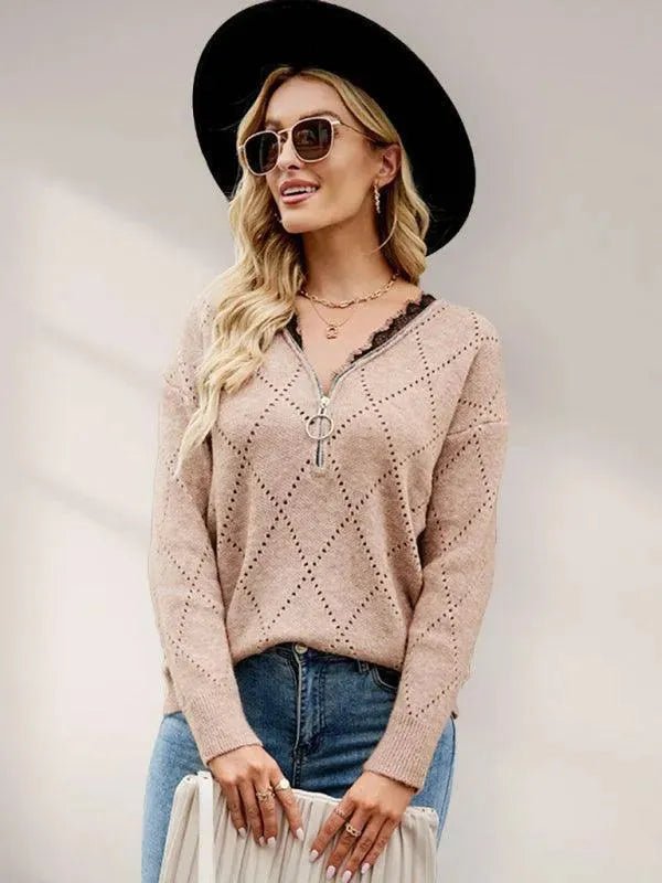 Women’s V-Neck Half-Zip Pullover Sweater – Knit