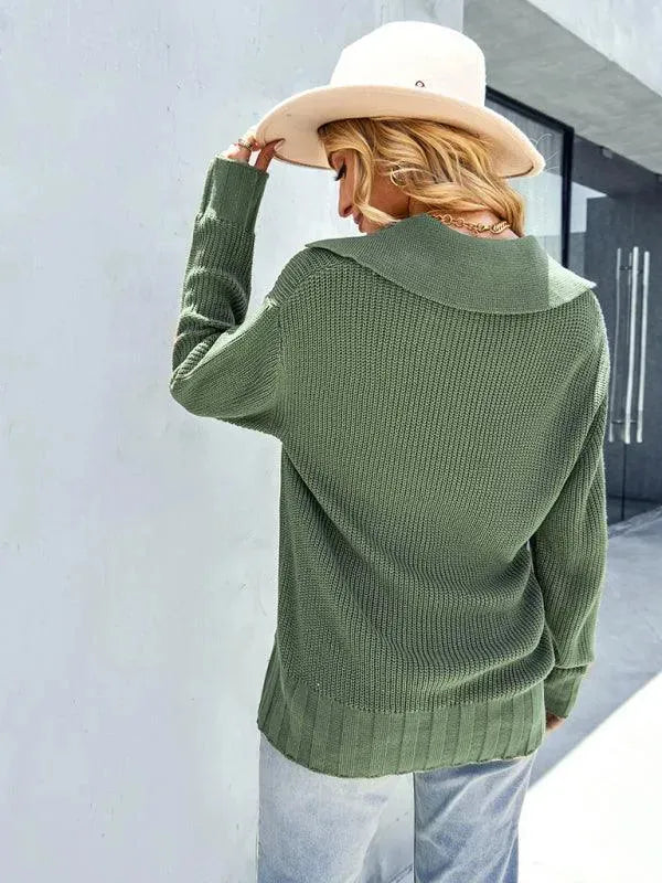 Women’s V-Neck Polo Pullover Sweater – Knit
