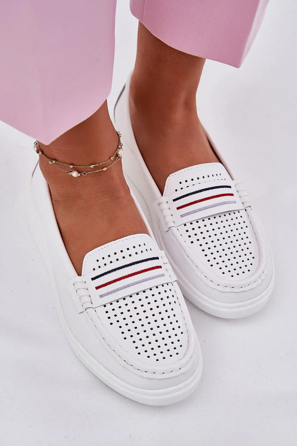 Women’s white leather breathable platform moccasins, slip on women’s platform loafers for spring–summer daily wear