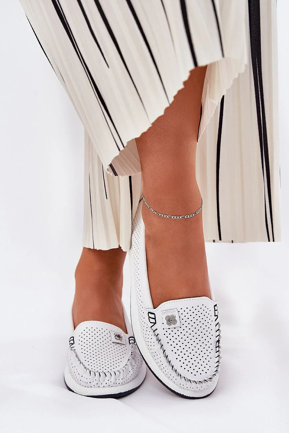 Women’s white perforated leather moccasin loafers, comfortable white women’s leather loafers for spring–summer